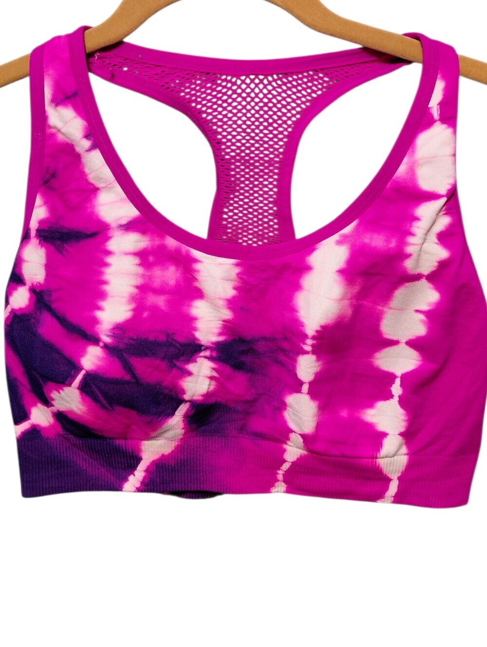 Spalding Racerback Sports Bra Hot Pink Purple White Tie Dye Seamless Athletic